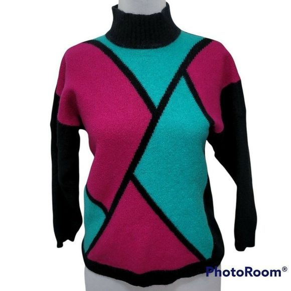 Vintage 80s Richard &‎ Co Bright Colorful Colorblock Angora Sweater Mock Neck - Picture 1 of 7